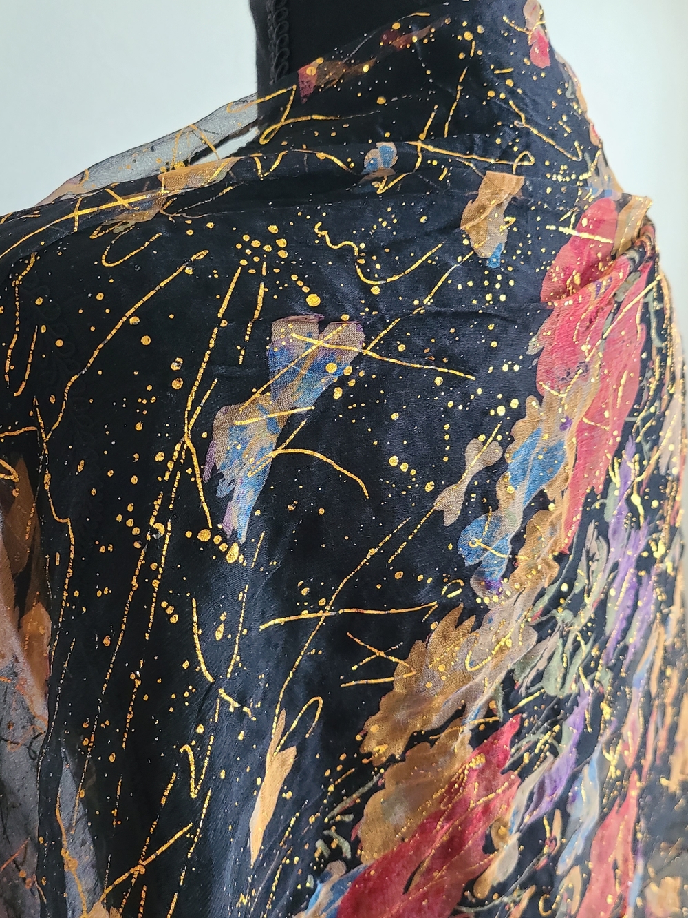 Vtg Silk Sheer Shawl Black Abstract Floral Butterfly Gold Metallic Fringe Wrap